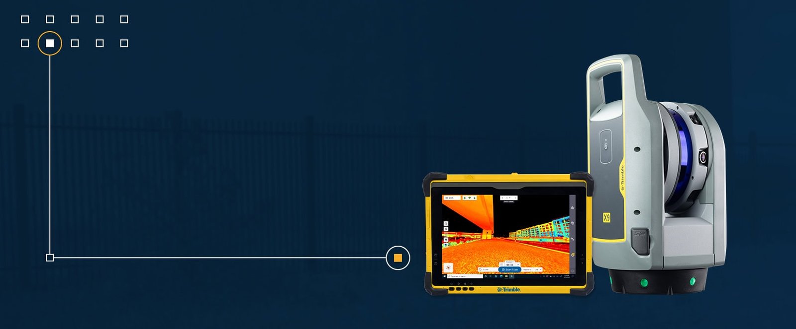 Escáner Trimble X9 y tableta de control en imagen de producto